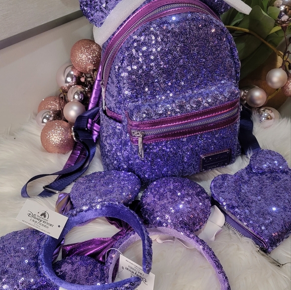 Set of 4!Purple Sequin Loungefly Backpack 2pairs of Ears&Wallet - Picture 5 of 13